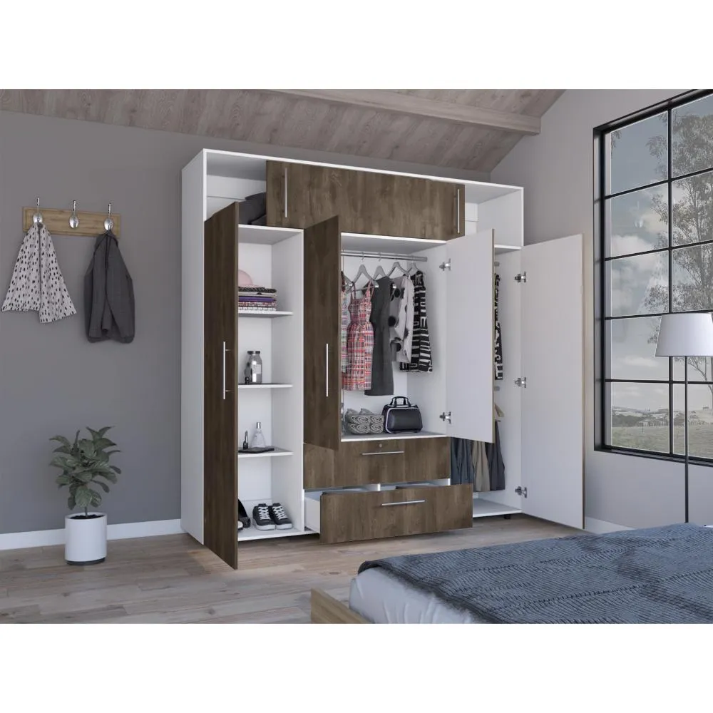 Closet Babel, Nogal Y Blanco, Con Cuatro Puertas Abatibles y Cuatro Cajones Multiusos